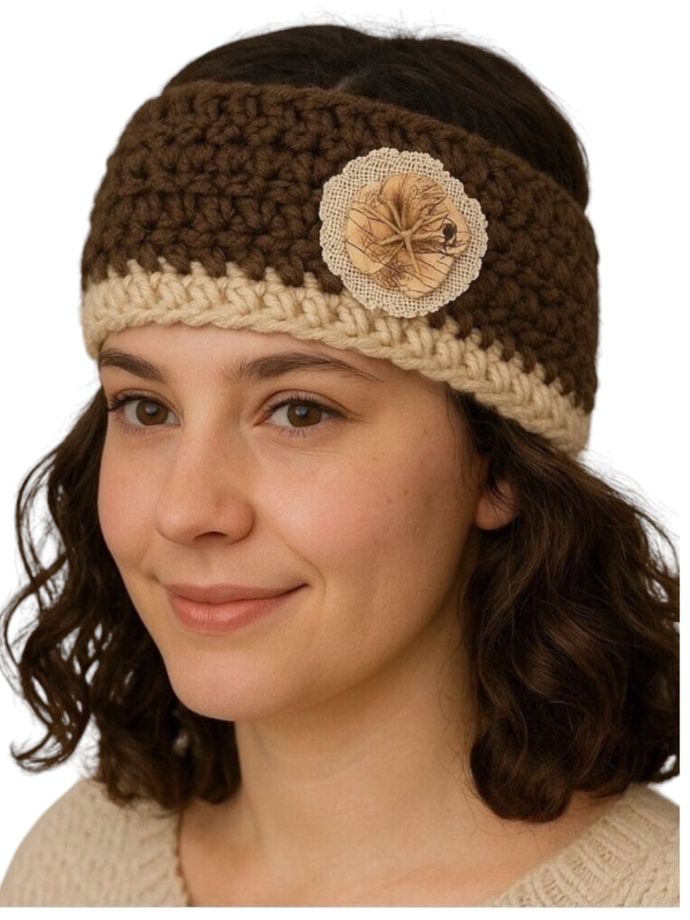 Handcrafted Crochet Brown & Cream Headband With Burlap Flower Accent